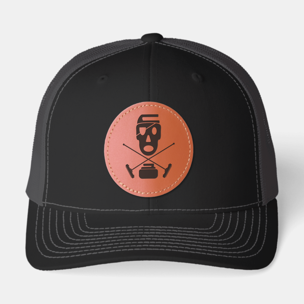 Zazzle Curling Skull & Brooms Leather Patch Trucker Hat (Front)