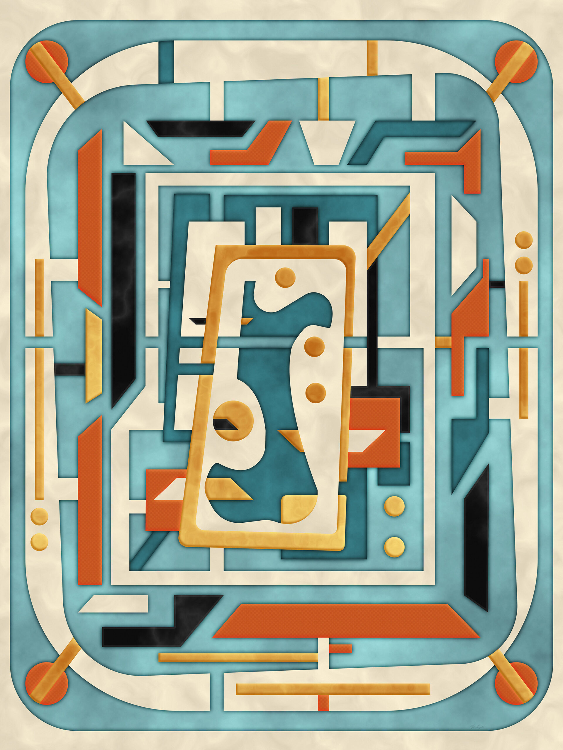 Portrait oriented mid century moder inspired geometric abstract in teal blue, cream, mustard gold, burnt orange, and black.