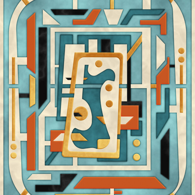 Portrait oriented mid century moder inspired geometric abstract in teal blue, cream, mustard gold, burnt orange, and black.
